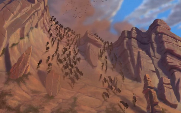 HD wallpaper from The Lion King (1994) featuring a wildebeest stampede in a canyon.