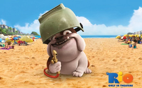 HD desktop wallpaper from Rio featuring a cheerful animated character on a sunny beach with a bucket on its head and a shovel in hand.