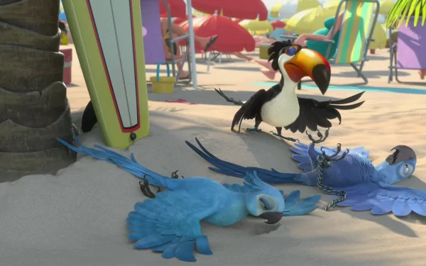 HD Rio-themed desktop wallpaper featuring animated tropical birds on a beach with umbrellas and surfboards.