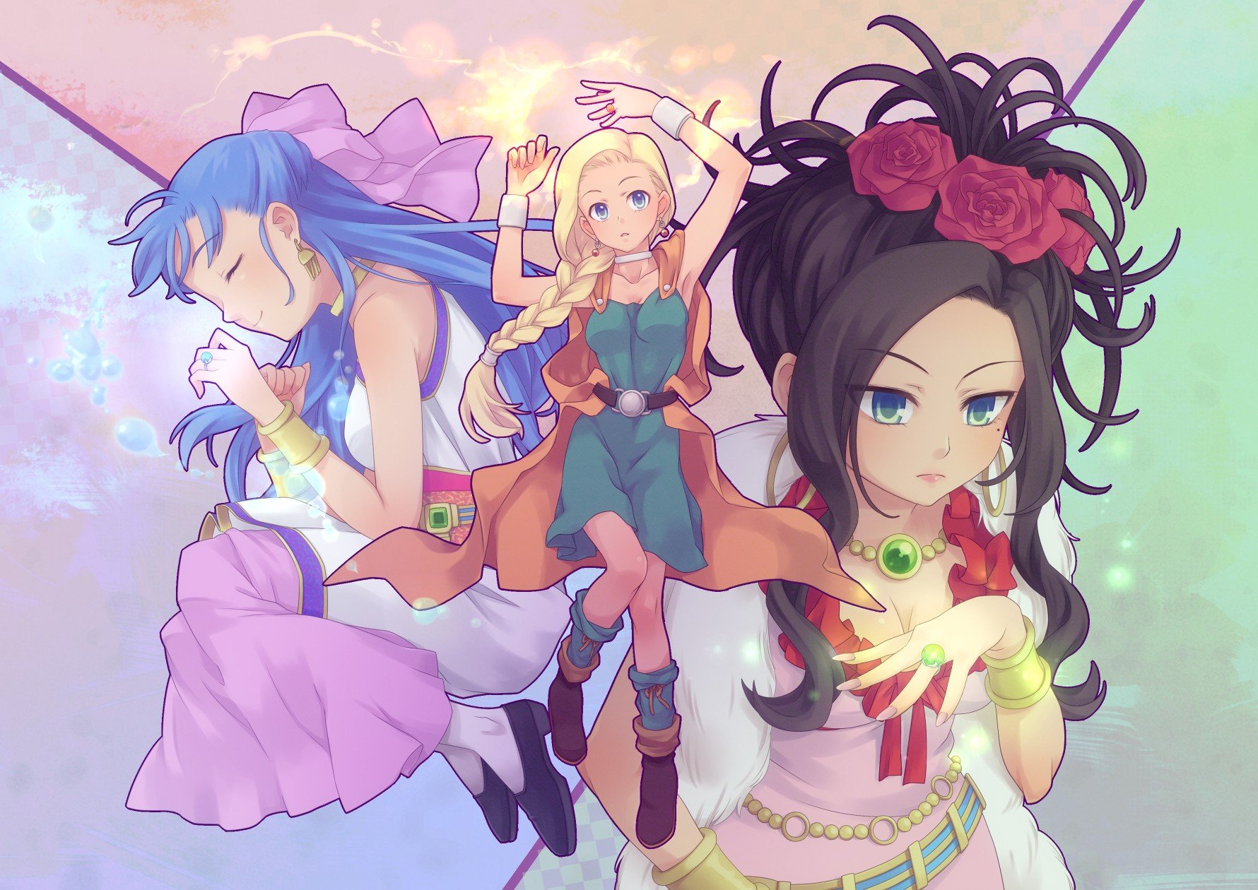 HD Dragon Quest themed desktop wallpaper featuring three stylized female characters with a vibrant, magical background.