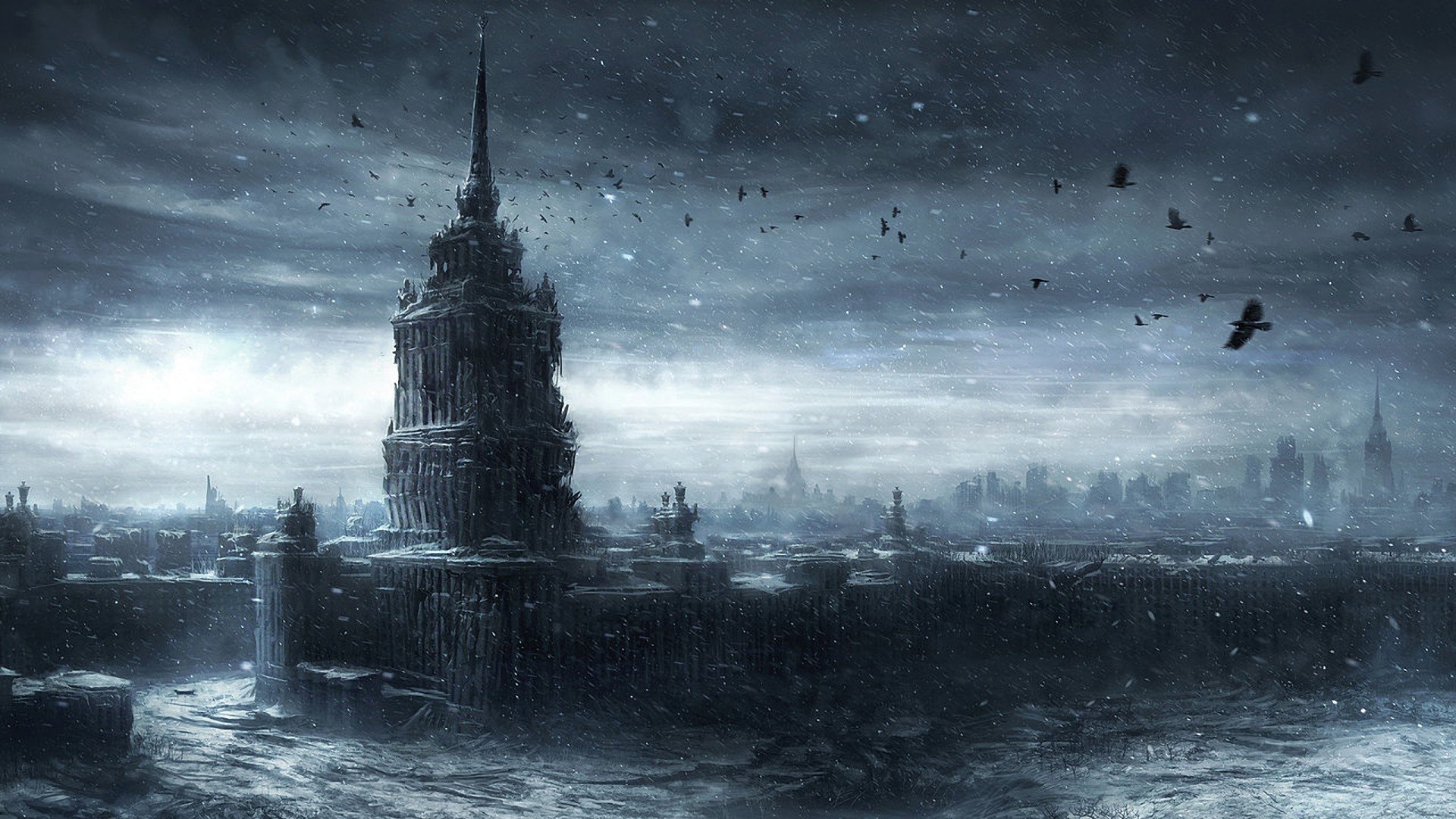 A desolate, post-apocalyptic landscape featuring a towering, decaying structure under a dark sky, surrounded by ruins and flocks of birds, creating a haunting sci-fi ambiance.