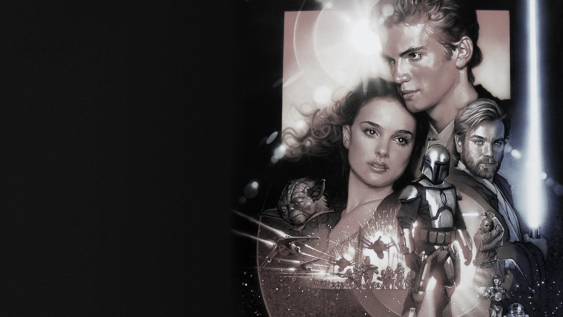 HD desktop wallpaper featuring Star Wars Episode II characters Anakin Skywalker, Obi-Wan Kenobi, Padmé Amidala, Jango Fett, Yoda, Mace Windu, R2-D2, and C-3PO.