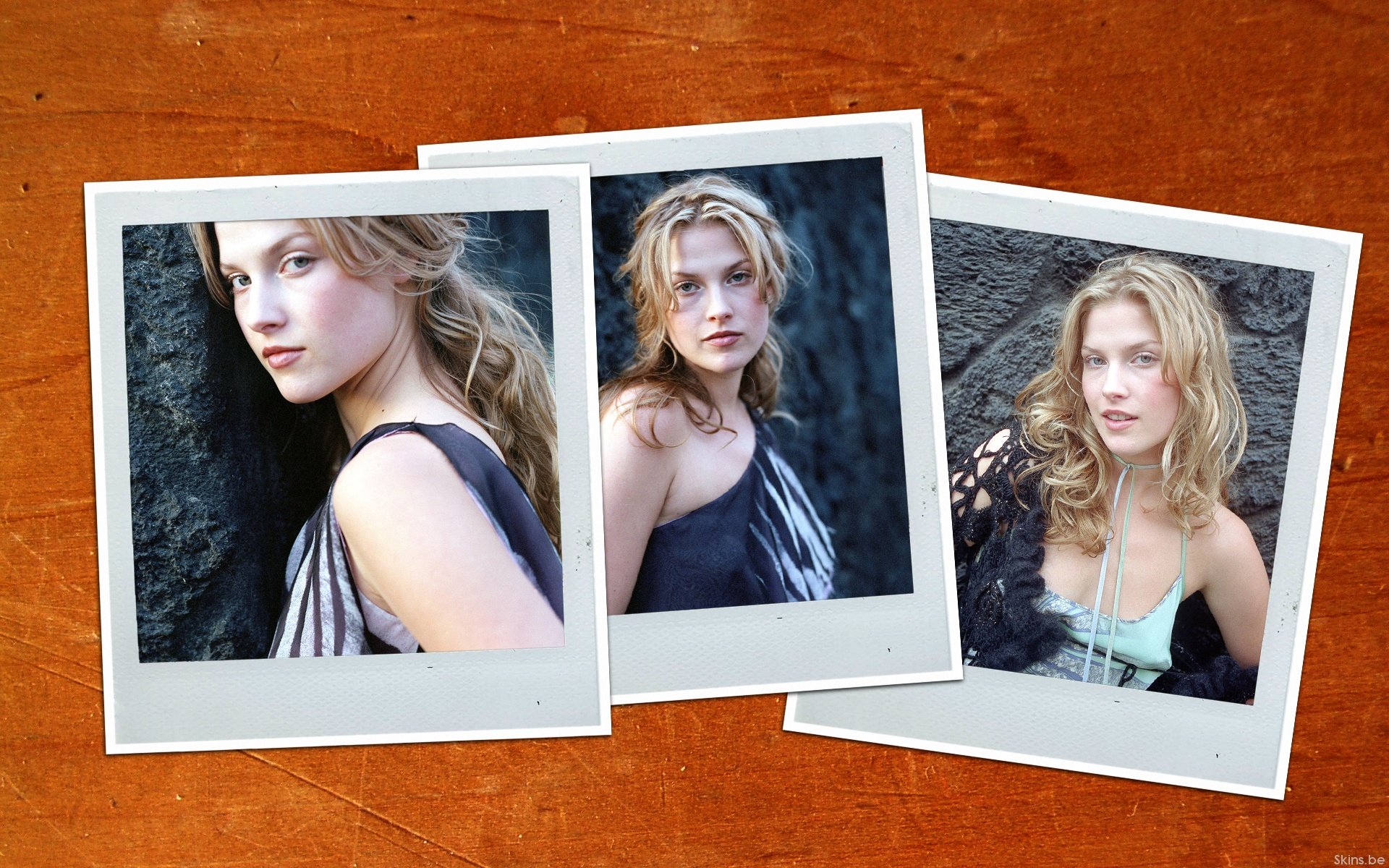 HD PC desktop wallpaper featuring three Polaroid-style photos of celebrity Ali Larter with blonde hair and casual outfits against textured backgrounds.