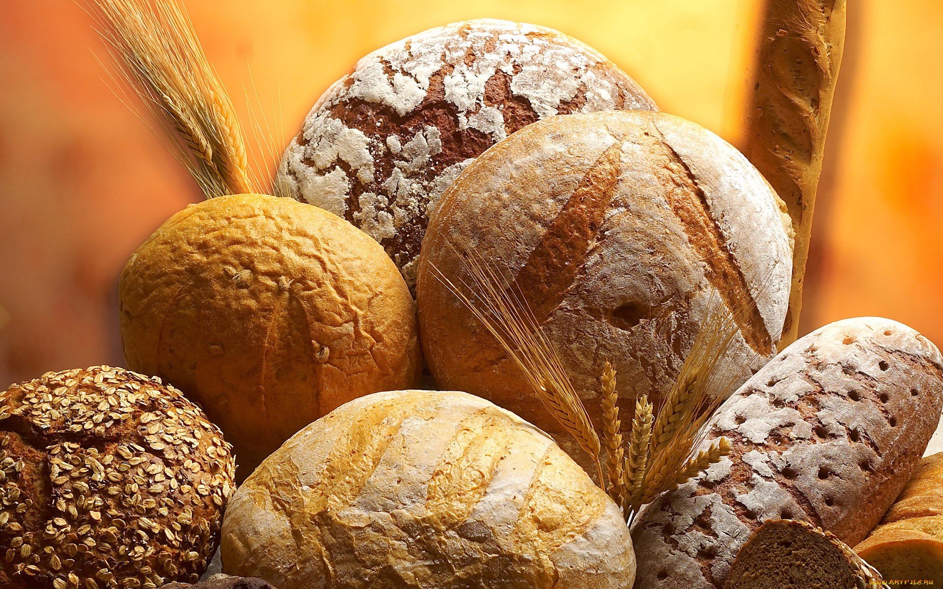 HD PC desktop wallpaper featuring an assortment of freshly baked bread with a warm, golden background highlighting the texture and variety of the loaves.