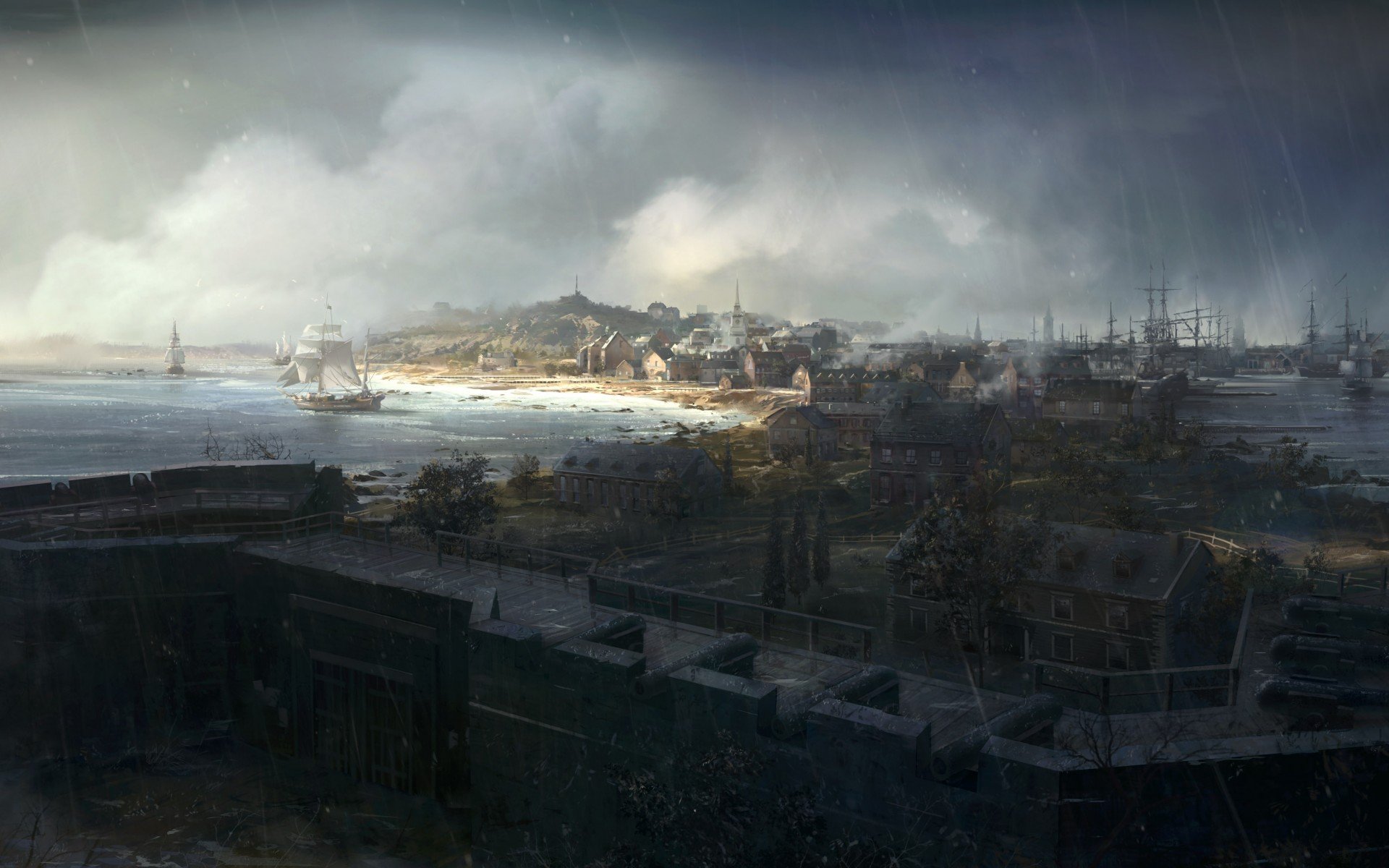 HD PC desktop wallpaper: moody panoramic harbor and colonial city under stormy skies from the video game Assassin's Creed III.