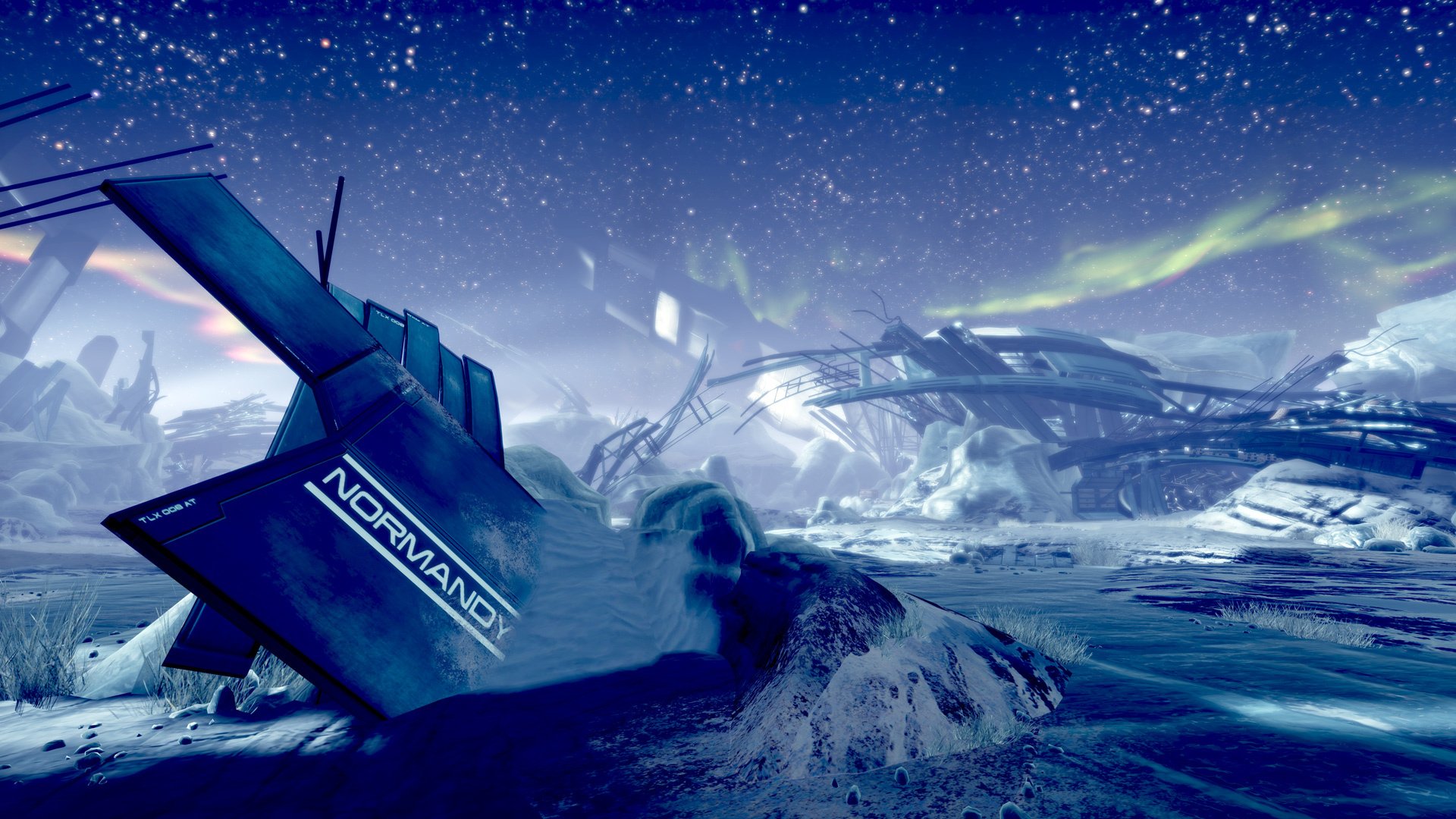 HD PC desktop wallpaper featuring a snowy alien landscape from the video game Mass Effect 3, with the Normandy spaceship partially buried in ice under a starry sky.