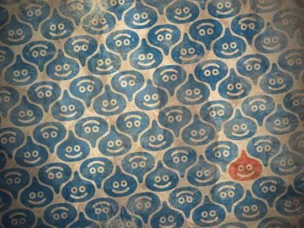 HD desktop wallpaper featuring a pattern of blue Dragon Quest Slimes with a single red slime standout.