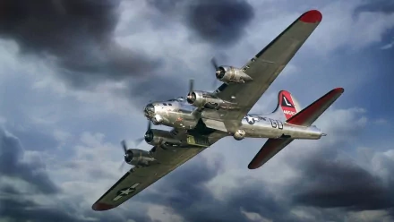 A Boeing B-17 Flying Fortress soaring through a dramatic sky, showcasing its military elegance as a prominent aircraft in the air force. High-definition desktop wallpaper.