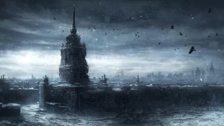 A desolate, post-apocalyptic landscape featuring a towering, decaying structure under a dark sky, surrounded by ruins and flocks of birds, creating a haunting sci-fi ambiance.