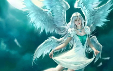 HD fantasy wallpaper of an angel with white wings and flowing white hair, dressed in a white and green gown, floating gracefully against a moonlit sky.