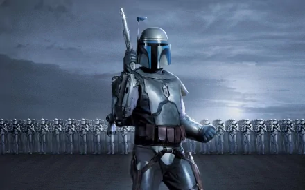 HD wallpaper featuring Jango Fett with a backdrop of clone troopers from Star Wars Episode II: Attack of the Clones.