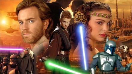 HD wallpaper featuring characters from Star Wars Episode II: Attack of the Clones, including Jedi and a bounty hunter.