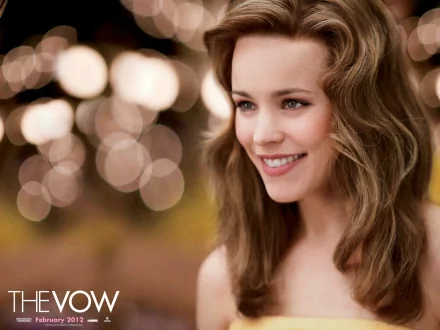 HD desktop wallpaper featuring Rachel McAdams smiling warmly with soft bokeh lights in the background, from the movie The Vow.