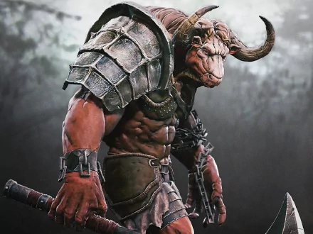 HD PC desktop wallpaper: a horned fantasy warrior minotaur in battered armor, muscles tensed and weapons drawn against a misty battlefield background.