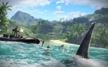 HD PC desktop wallpaper from the video game Far Cry 3, depicting a tense ocean scene with a swimmer, a boat, and a large shark fin in tropical waters.