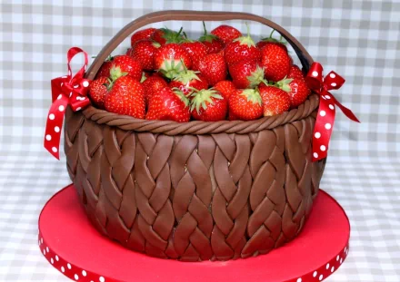 HD PC desktop wallpaper featuring a basket filled with fresh strawberries on a red surface, highlighting vibrant food imagery with a checkered background.