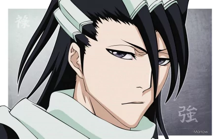 HD desktop wallpaper featuring Byakuya Kuchiki from the anime Bleach, showcasing him in a composed and serious expression with a neutral background.