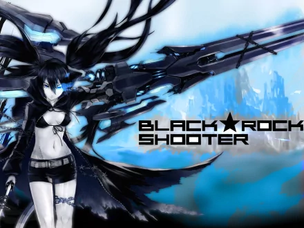 HD anime wallpaper featuring Black Rock Shooter wielding an icy blue weapon, set against a snowy, blue-toned background.