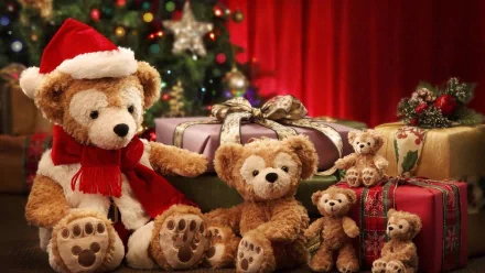 A festive HD desktop wallpaper featuring teddy bears in a holiday setting. One bear wears a Santa hat, surrounded by gifts against a Christmas backdrop with a decorated tree.