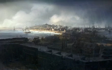 HD PC desktop wallpaper: moody panoramic harbor and colonial city under stormy skies from the video game Assassin's Creed III.