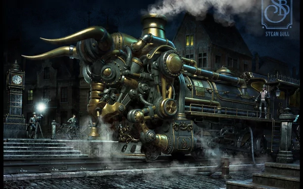 HD desktop wallpaper featuring a steampunk-inspired sci-fi scene with a intricate train emitting steam, set against a dark, atmospheric background with buildings and gathered figures.