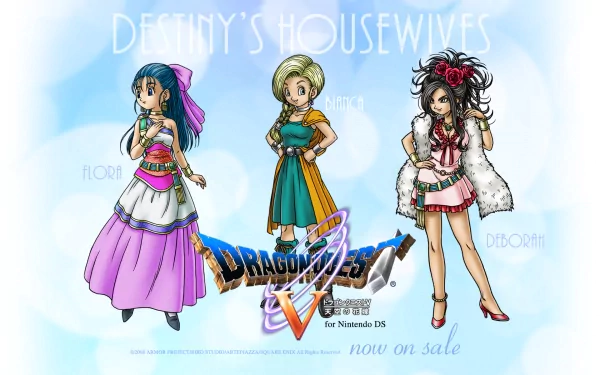 HD desktop wallpaper featuring three characters from Dragon Quest V, with the title Destiny's Housewives and promotional text for Nintendo DS.