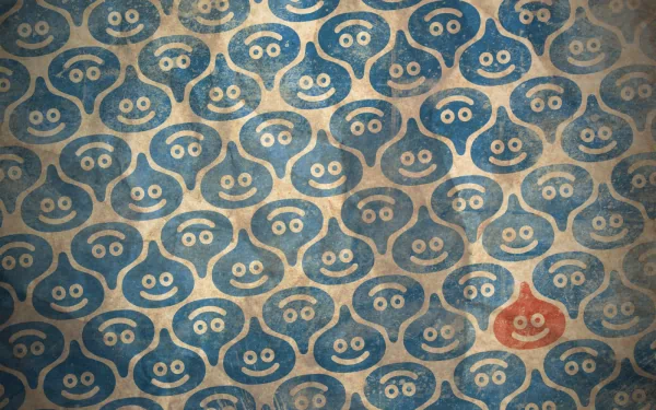 HD desktop wallpaper featuring a pattern of blue Dragon Quest Slimes with a single red slime standout.
