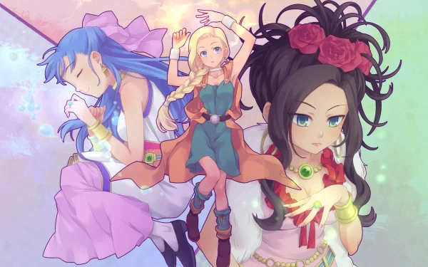 HD Dragon Quest themed desktop wallpaper featuring three stylized female characters with a vibrant, magical background.