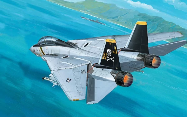 HD desktop wallpaper depicting a Grumman F-14 Tomcat military jet flying over blue ocean waters with a coastline in the background.