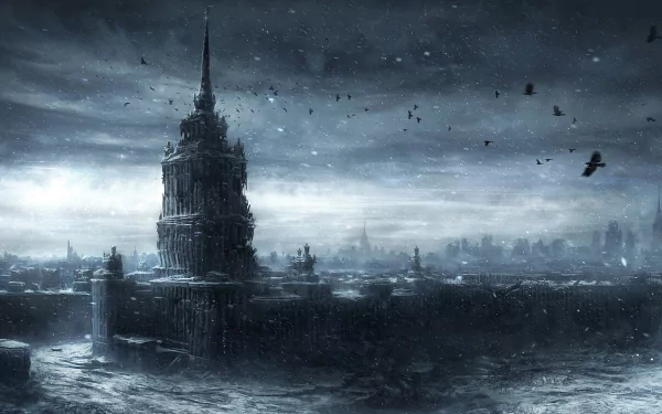 A desolate, post-apocalyptic landscape featuring a towering, decaying structure under a dark sky, surrounded by ruins and flocks of birds, creating a haunting sci-fi ambiance.