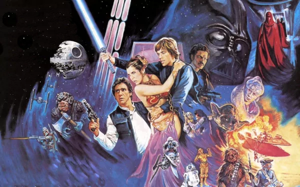 A dynamic HD wallpaper depicting characters and scenes from Star Wars Episode VI: Return of the Jedi, featuring iconic elements like lightsabers, spaceships, and memorable characters.
