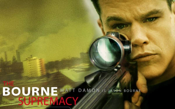 HD wallpaper of The Bourne Supremacy featuring Matt Damon as Jason Bourne with a scoped rifle, in a yellow-toned action-packed backdrop.