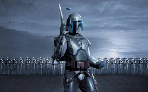 HD wallpaper featuring Jango Fett with a backdrop of clone troopers from Star Wars Episode II: Attack of the Clones.