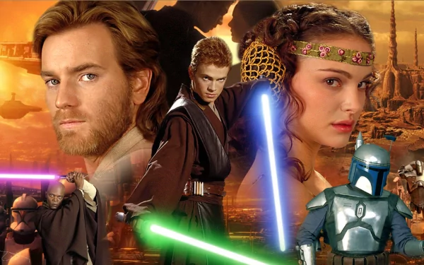 HD wallpaper featuring characters from Star Wars Episode II: Attack of the Clones, including Jedi and a bounty hunter.