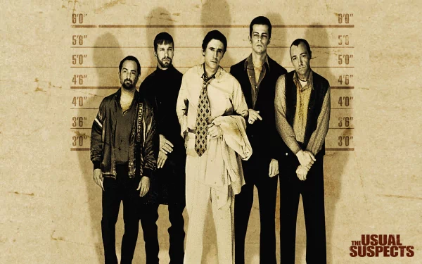 A vintage-style wallpaper featuring characters from The Usual Suspects, showcasing Benicio del Toro, Kevin Pollak, Stephen Baldwin, Kevin Spacey, and Gabriel Byrne in a lineup.