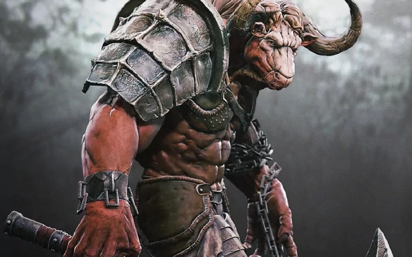 HD PC desktop wallpaper: a horned fantasy warrior minotaur in battered armor, muscles tensed and weapons drawn against a misty battlefield background.