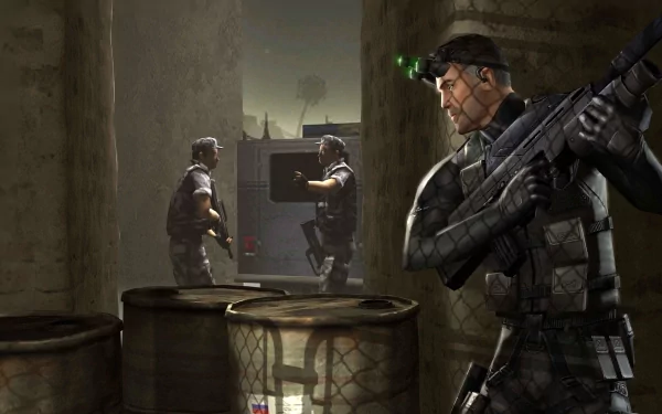 Video game HD PC desktop wallpaper — Tom Clancy's Splinter Cell: Sam Fisher in stealth suit with tri-visor and rifle, watching armed guards in a dim industrial corridor.