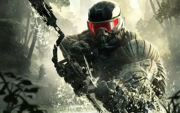 A dynamic HD wallpaper featuring Laurence 'Prophet' Barnes from the video game Crysis 3, depicted in an action-packed moment amidst a lush, watery environment.