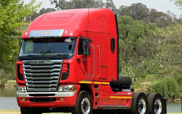 Red Freightliner Trucks semi-truck by a lakeside — vehicle depicted in an HD PC desktop wallpaper and background with lush green trees.