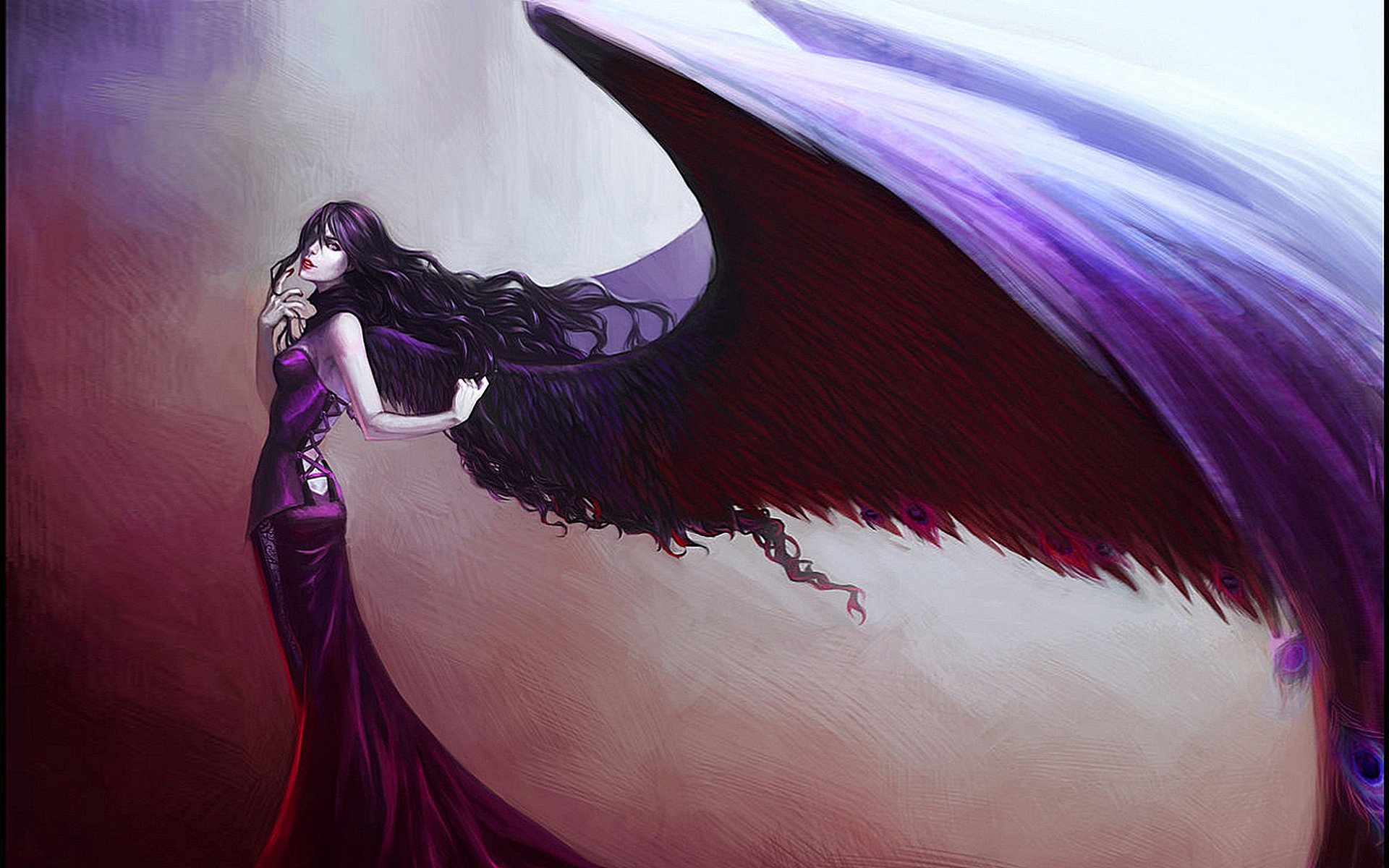 A fantasy-themed HD wallpaper featuring an angelic figure with flowing hair and dark, majestic wings, adorned in a striking purple gown against a dreamy backdrop.