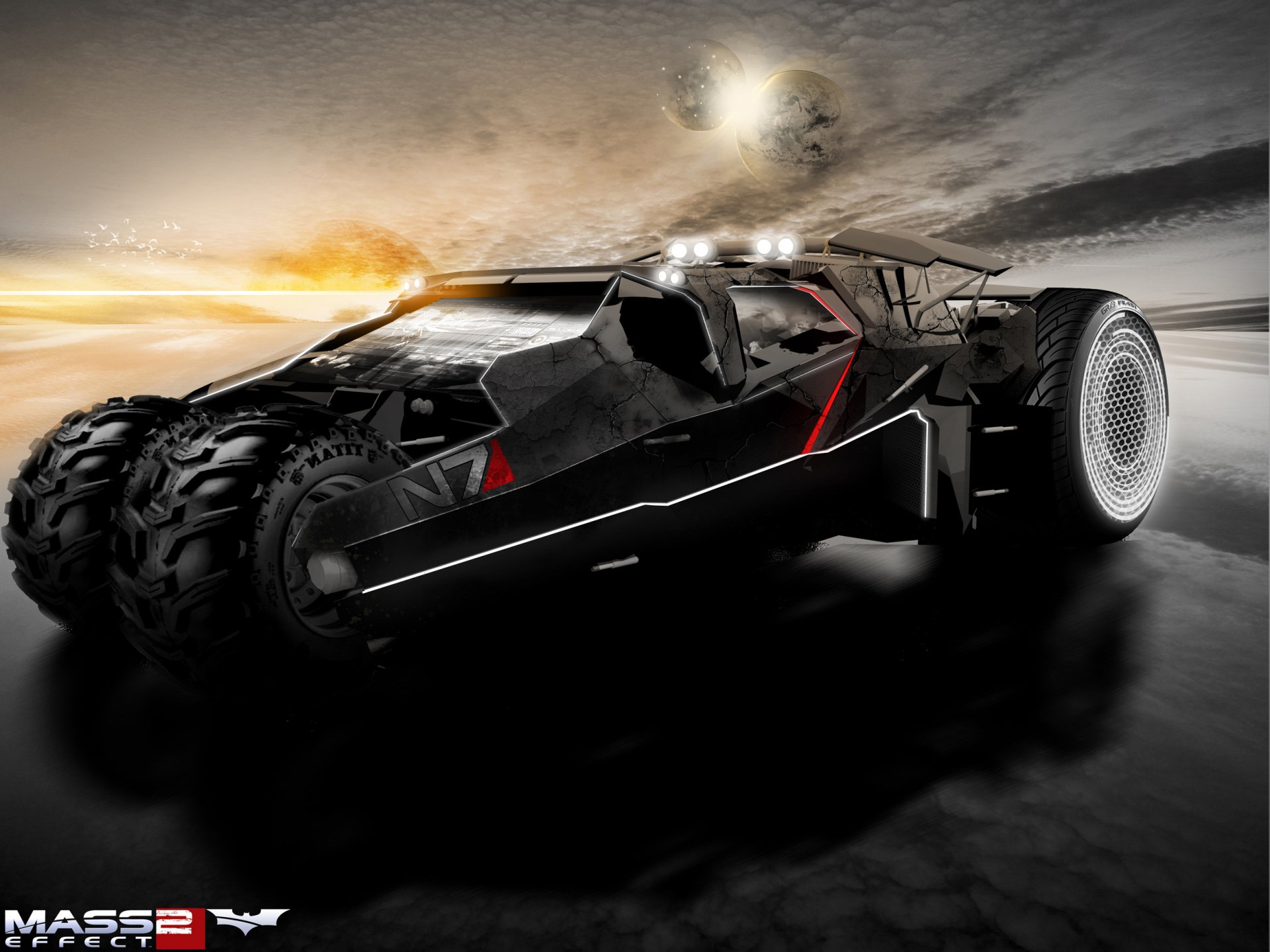 HD PC desktop wallpaper featuring a sleek, futuristic vehicle from the video game Mass Effect 2 with dynamic lighting and motion effects.