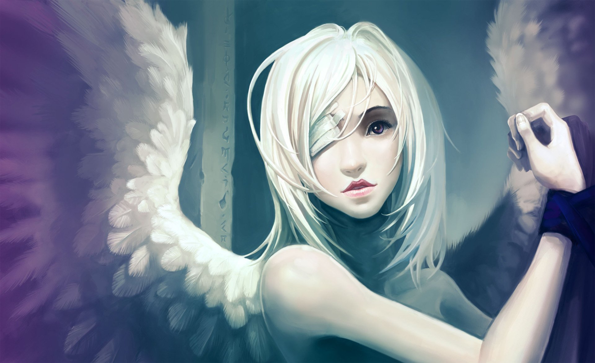 A fantasy-themed HD wallpaper featuring an angelic figure with white wings and pale hair, gazing thoughtfully, evoking a sense of ethereal beauty and mystery.