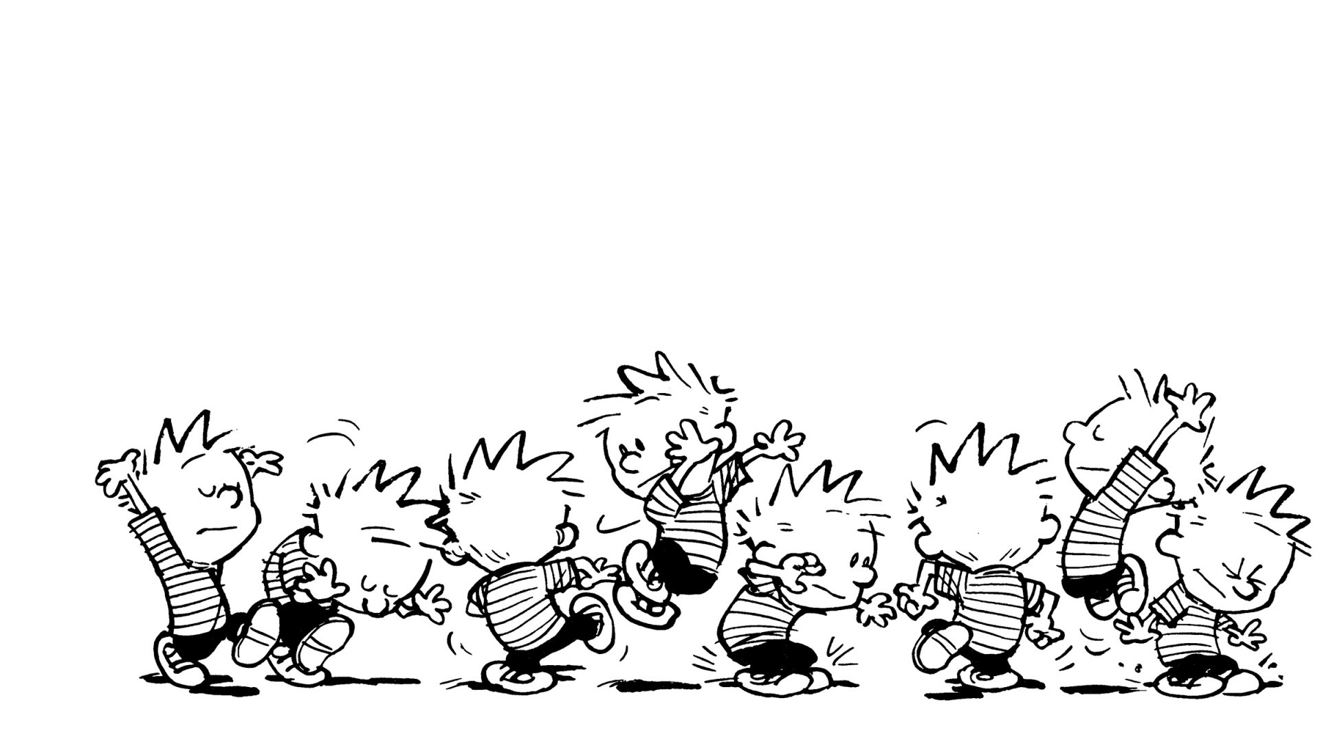 HD PC desktop wallpaper featuring a black-and-white Calvin & Hobbes comic strip with Calvin joyfully skipping and dancing across the screen.