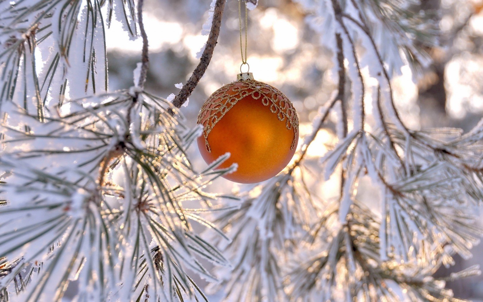 A beautifully detailed Christmas ornament hangs from frosted pine branches, capturing the essence of the holiday season in this HD desktop wallpaper background.