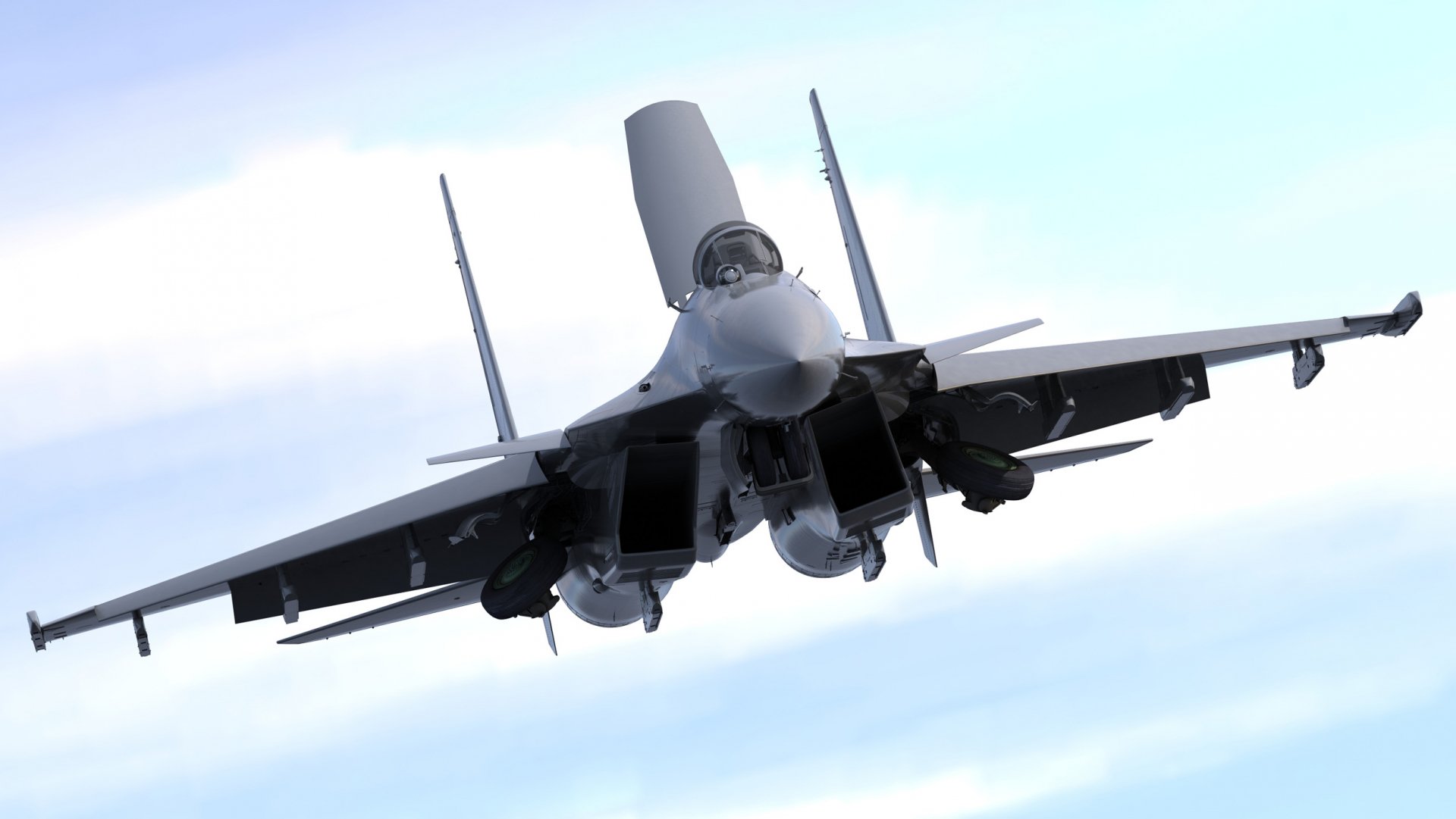 HD PC desktop wallpaper/background of a military Sukhoi Su-33 fighter jet banking in flight against a pale blue sky.