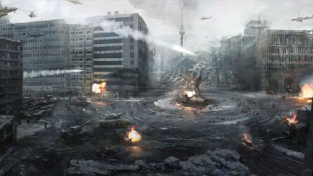 A high-definition wallpaper from Call of Duty: Modern Warfare 3, depicting a war-torn cityscape with explosions, tanks, and military helicopters set against a dramatic sky.