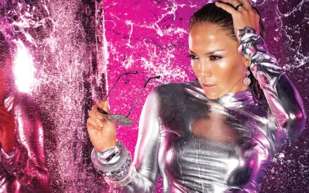 HD PC desktop wallpaper featuring celebrity Jennifer Lopez in a shiny silver outfit against a vibrant pink and reflective background.