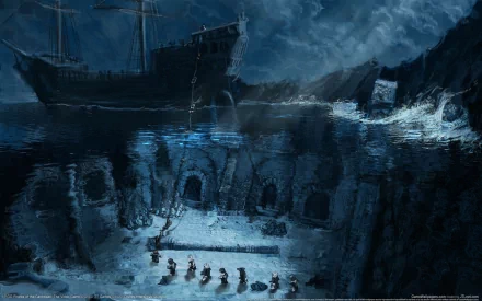 HD PC desktop wallpaper from the video game LEGO Pirates of the Caribbean, depicting a nighttime underwater shipwreck scene with LEGO characters exploring.