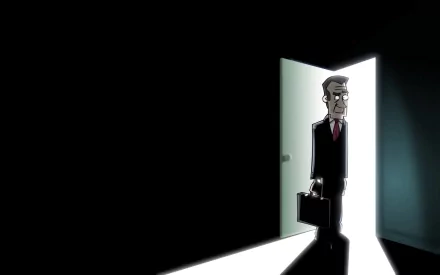 HD PC desktop wallpaper: video game Half-Life–inspired scene of a suited figure with a briefcase silhouetted in a bright doorway, casting a long shadow into the dark room.