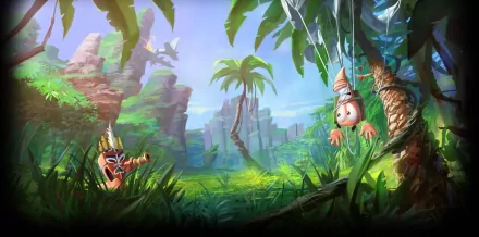 HD PC desktop wallpaper of the Worms video game: colorful cartoon worms in a lush tropical jungle battlefield, one armed on the left, another dangling from vines on the right amid palms and ruins.